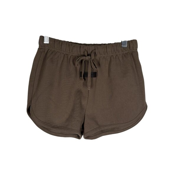 Fear Of God Essentials Women S Brown Wood Fleece Logo 80s High Rise Sweat Shorts - Picture 3 of 11